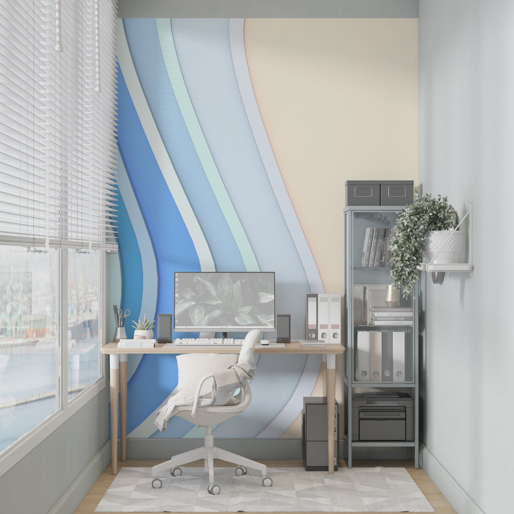 3D wave pattern wallpaper in bedroom showing calming blue tones