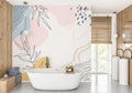 Abstract botanical line art wallpaper in bright modern living room showing floating pastel shapes and minimalist design