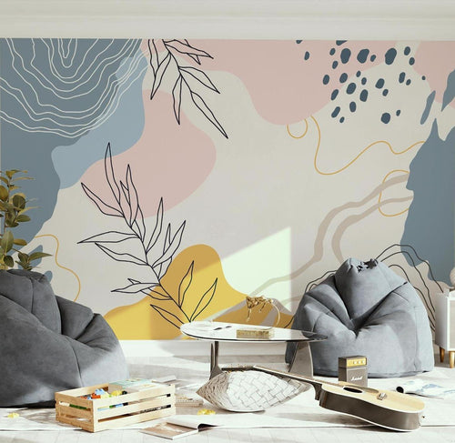 Botanical line art wallpaper with pastel accents creating serene atmosphere in master bedroom