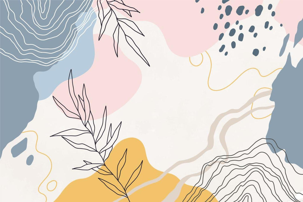 Design file of abstract botanical line art wallpaper featuring delicate leaves and soft pastel shapes