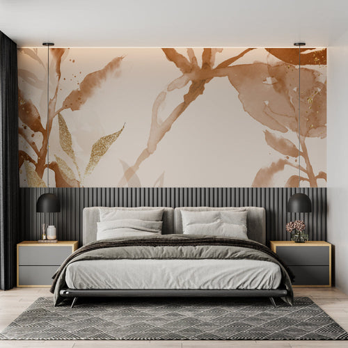 Abstract watercolor mural creating elegant backdrop in master bedroom with gold accents