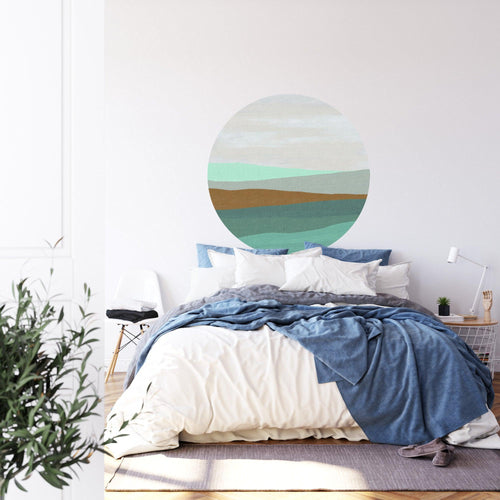 Circular Abstract Wallpaper bringing coastal vibes to a minimalist bedroom setting