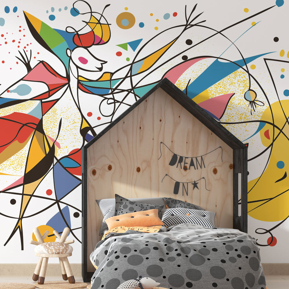 Abstract geometric wallpaper creating a bold statement in a modern living room with white furniture and natural light