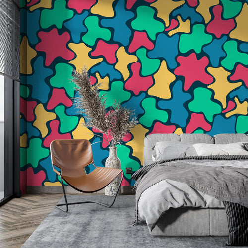 Abstract puzzle wallpaper bringing bold colors to a modern living room with minimal furniture
