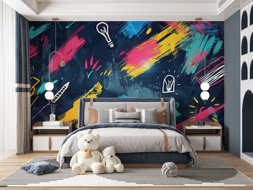 Urban art mural displayed in a teen bedroom showing vibrant colors and street art style