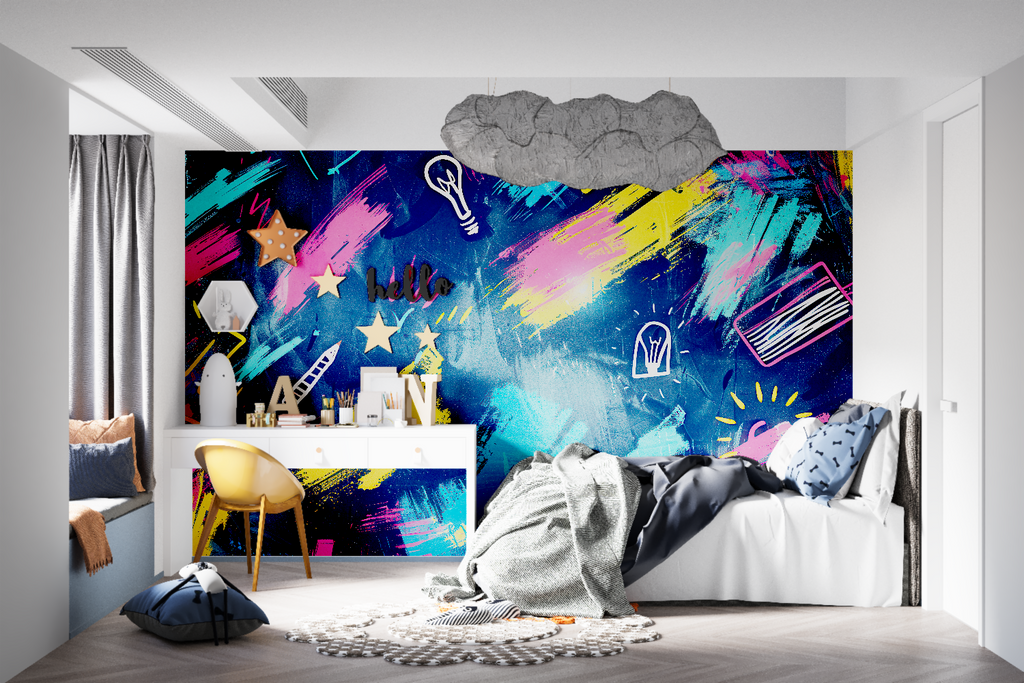 Abstract light bulb wallpaper creating atmosphere in a modern dining room