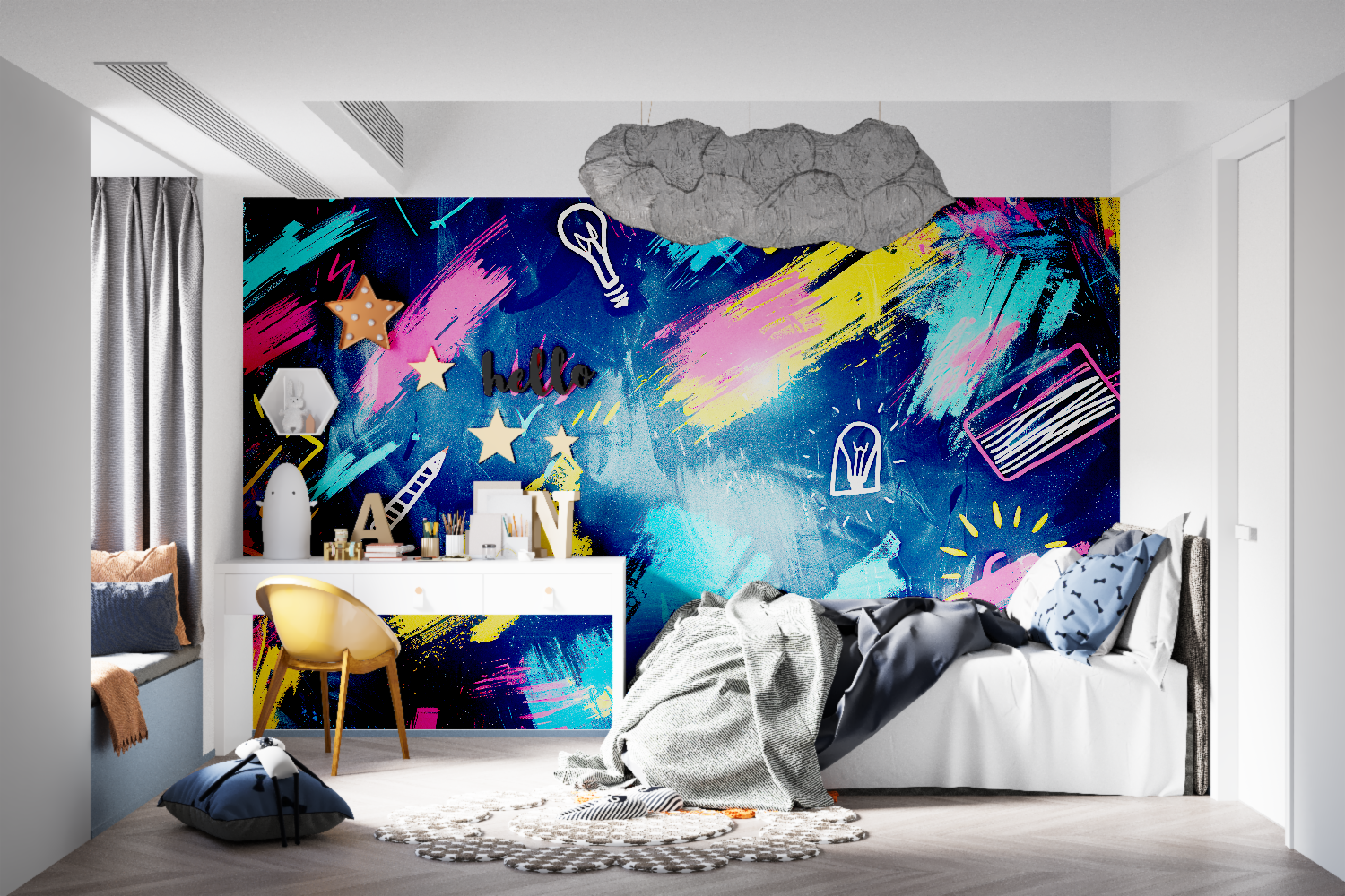 Abstract light bulb wallpaper creating atmosphere in a modern dining room