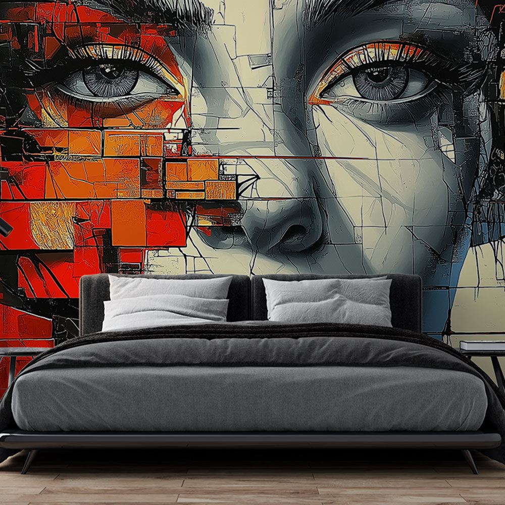 Abstract portrait wallpaper with red geometric patterns creating drama in a modern living room setting