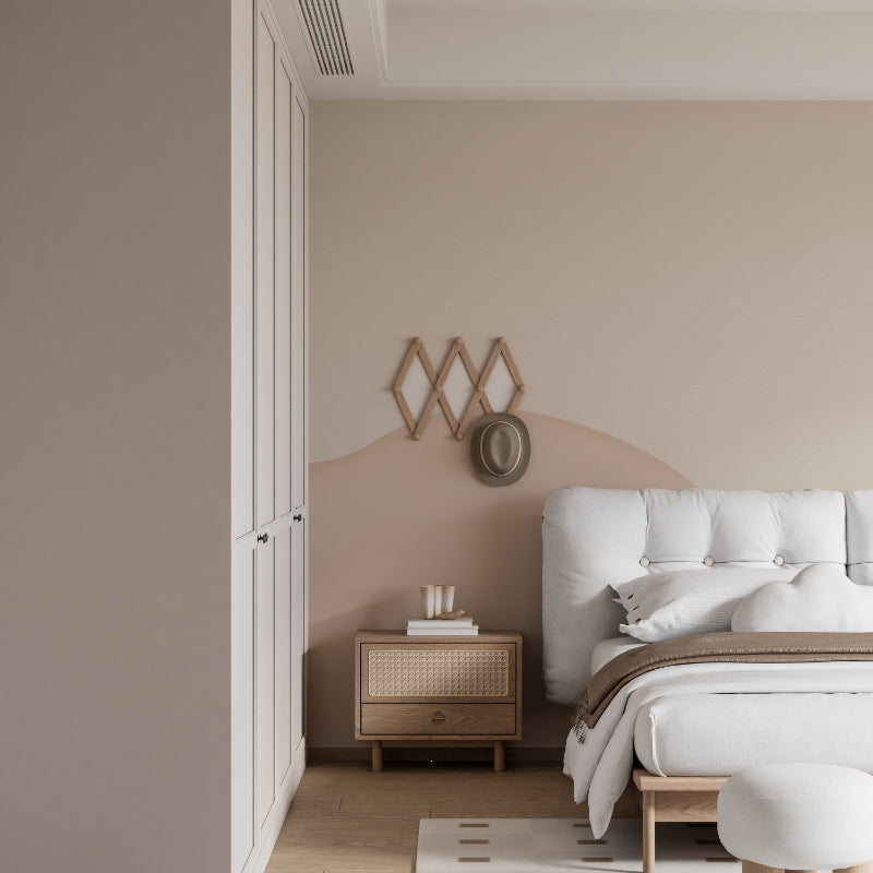 Entryway decorated with modern curved arch wallpaper in soft beige