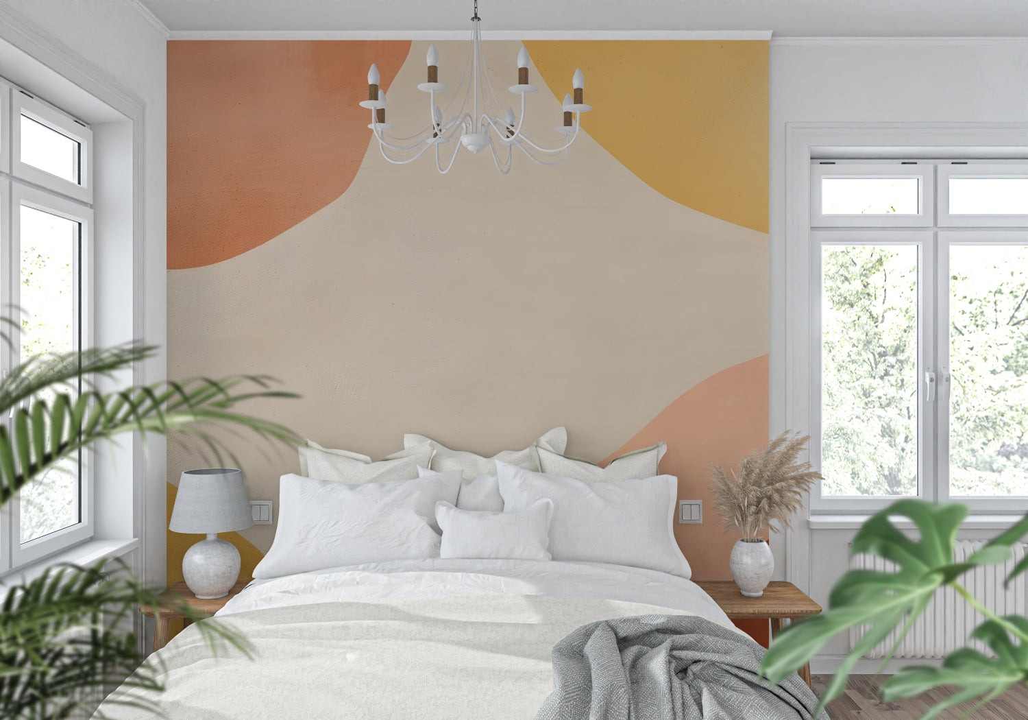 Abstract curved wallpaper in modern living room, terracotta and yellow tones creating warm atmosphere