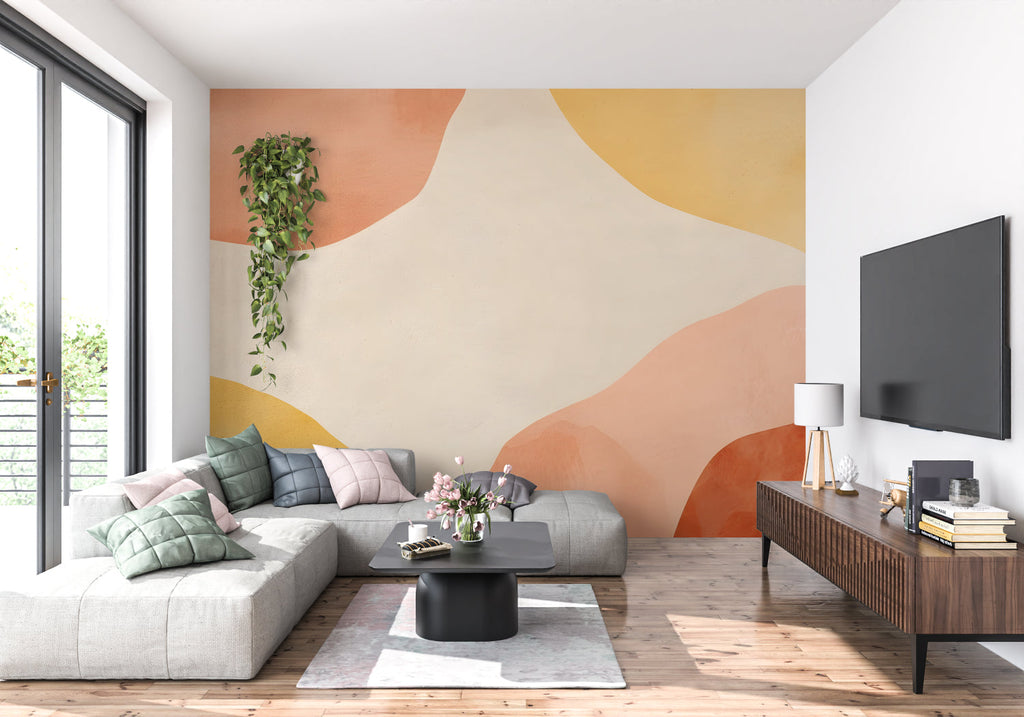 Modern dining room featuring yellow and terracotta curved wallpaper design