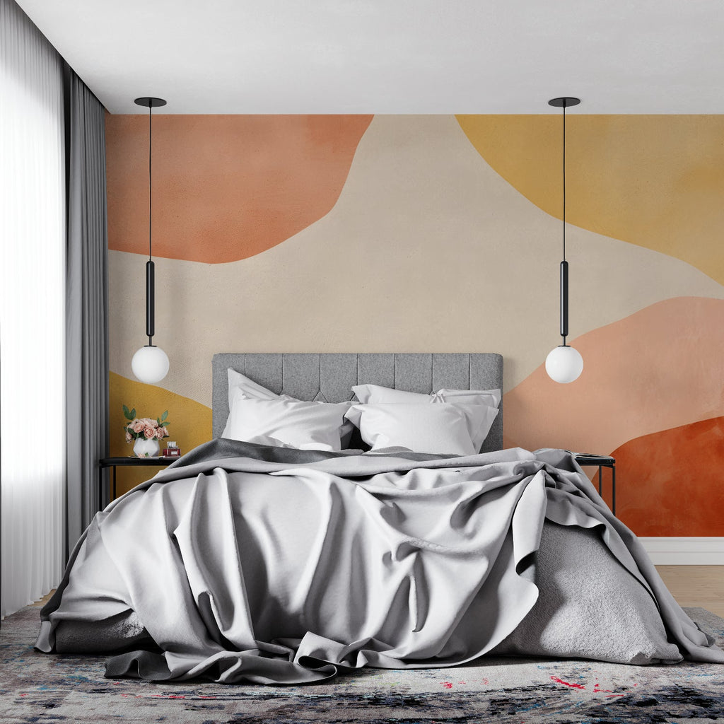 Home office with abstract geometric wallpaper in warm terracotta tones