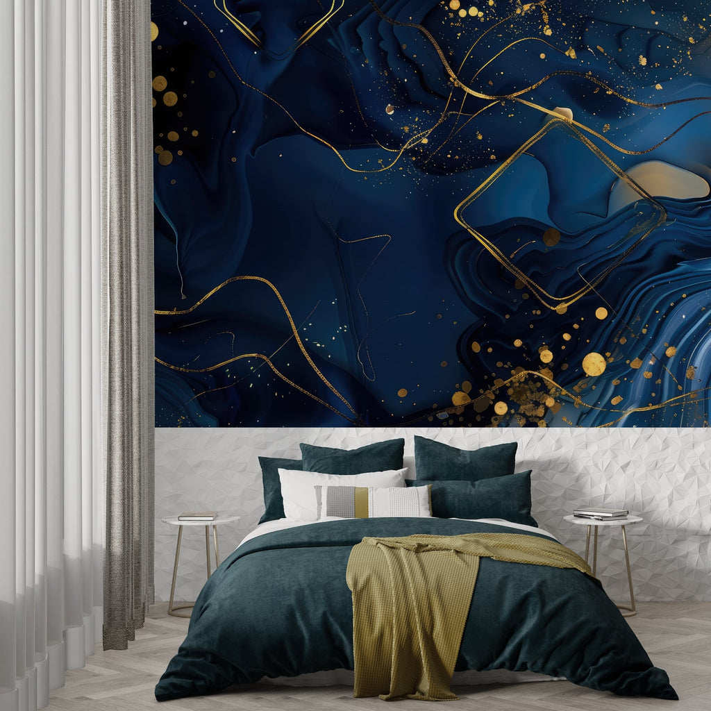 Blue and gold abstract luxury wallpaper creating a stunning focal point in a modern living room setting
