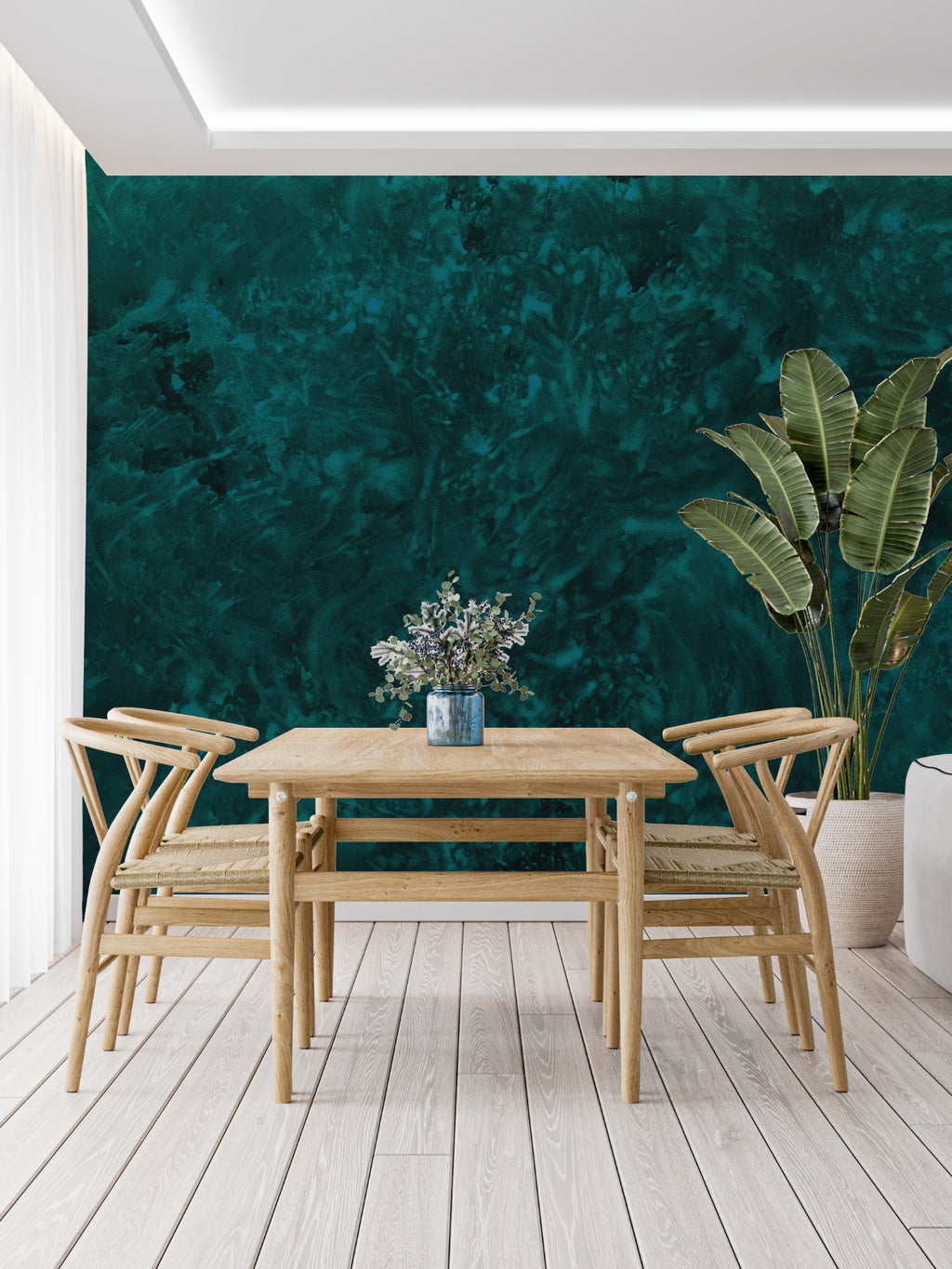 Emerald marble wallpaper creating luxury atmosphere in modern living room with grey sofa and golden accents