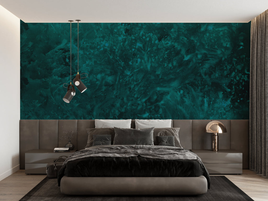 Deep emerald marble effect wallpaper in master bedroom with white furniture
