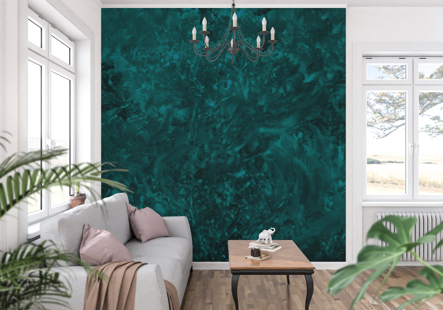 Modern bathroom with emerald abstract wallpaper and black fixtures
