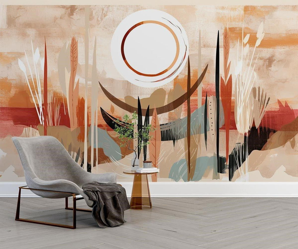 Desert Sun Abstract Wallpaper in modern living room with minimalist furniture and natural light