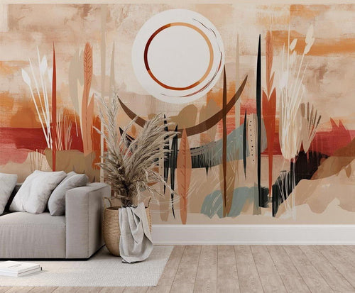 Abstract terracotta wall mural in cozy bedroom setting with morning sunlight