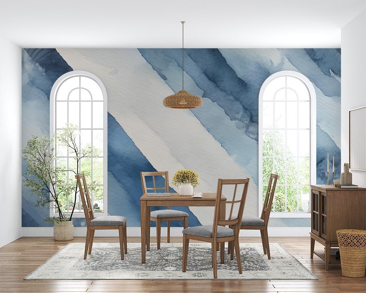 Modern blue abstract wallpaper mural in bright living room setting with white sofa and natural light