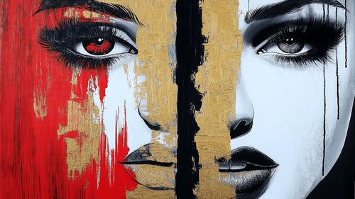 Abstract Face Portrait design file showing detailed red, gold and black artistic pattern