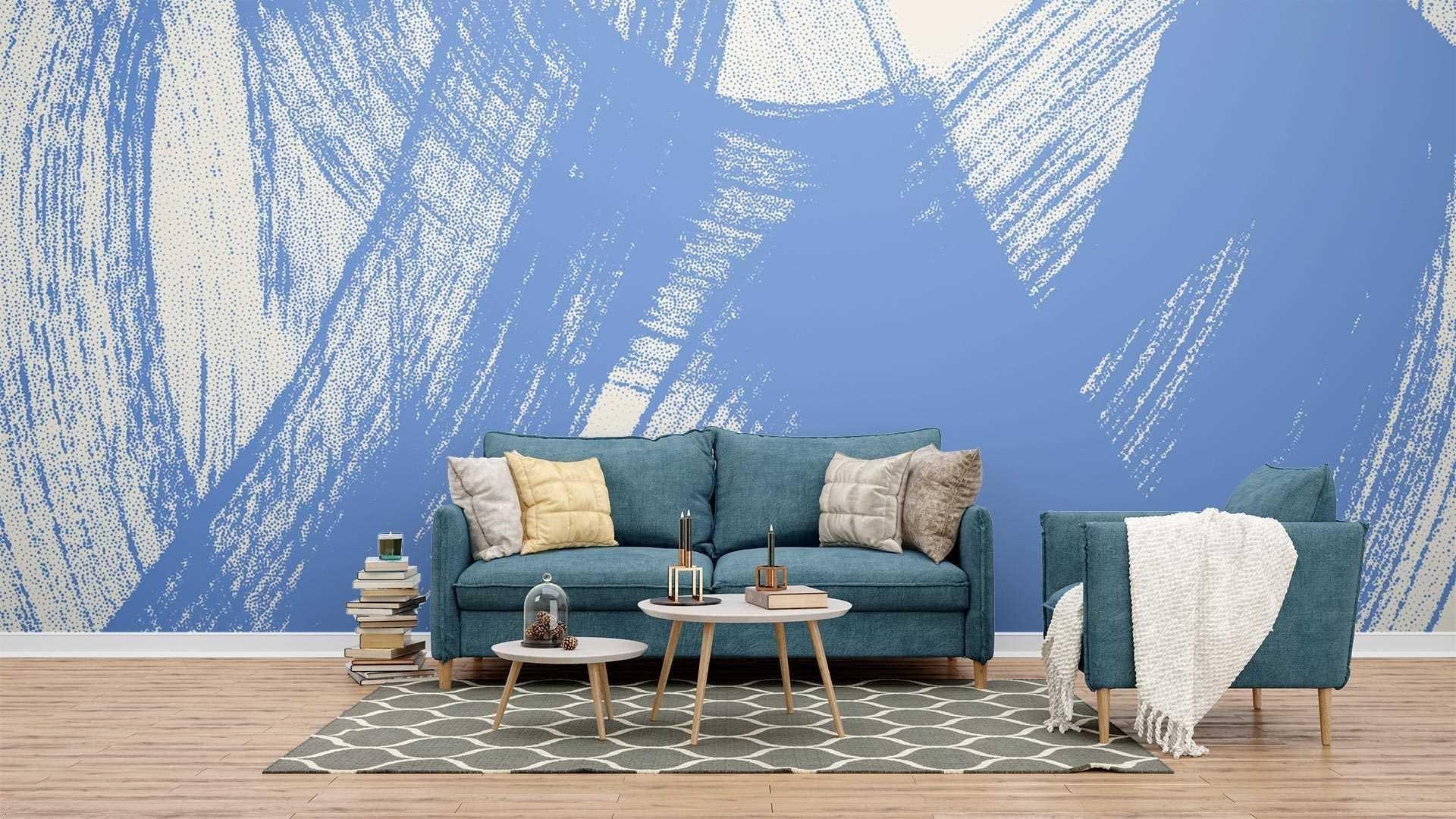 Modern living room featuring blue Abstract Mural Wallpaper creating dramatic focal point behind minimalist furniture