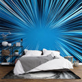 Abstract light rays wallpaper creating depth in a modern living room with blue geometric pattern casting dynamic shadows