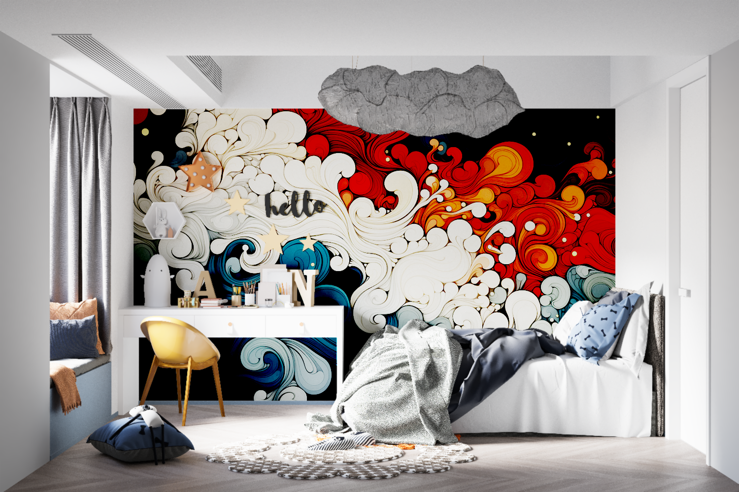 Japanese wave wallpaper creating movement in modern living room with grey sofa and minimal decor