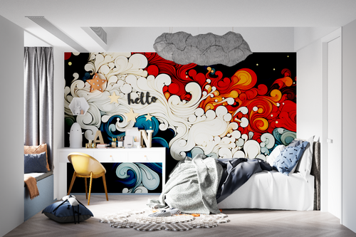 Japanese wave wallpaper creating movement in modern living room with grey sofa and minimal decor