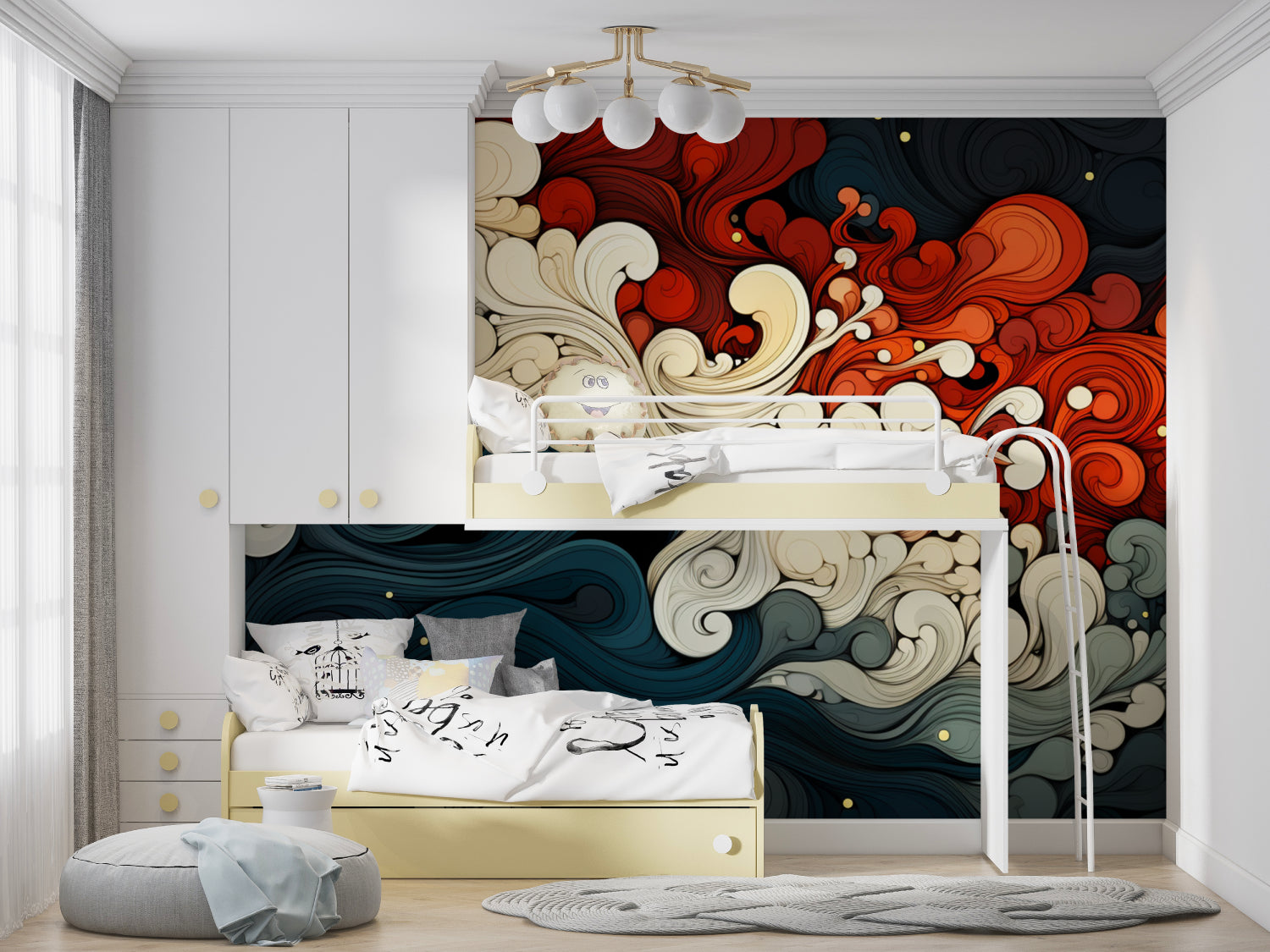Japanese-inspired wall design in boutique hotel lobby with modern furniture