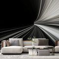 Modern abstract light speed wallpaper creating depth in a minimalist living room with sleek furniture
