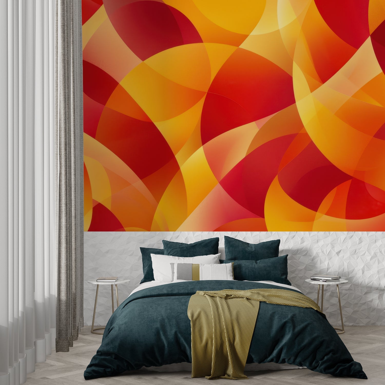 Dynamic red and orange circle pattern bringing energy to an entry hallway