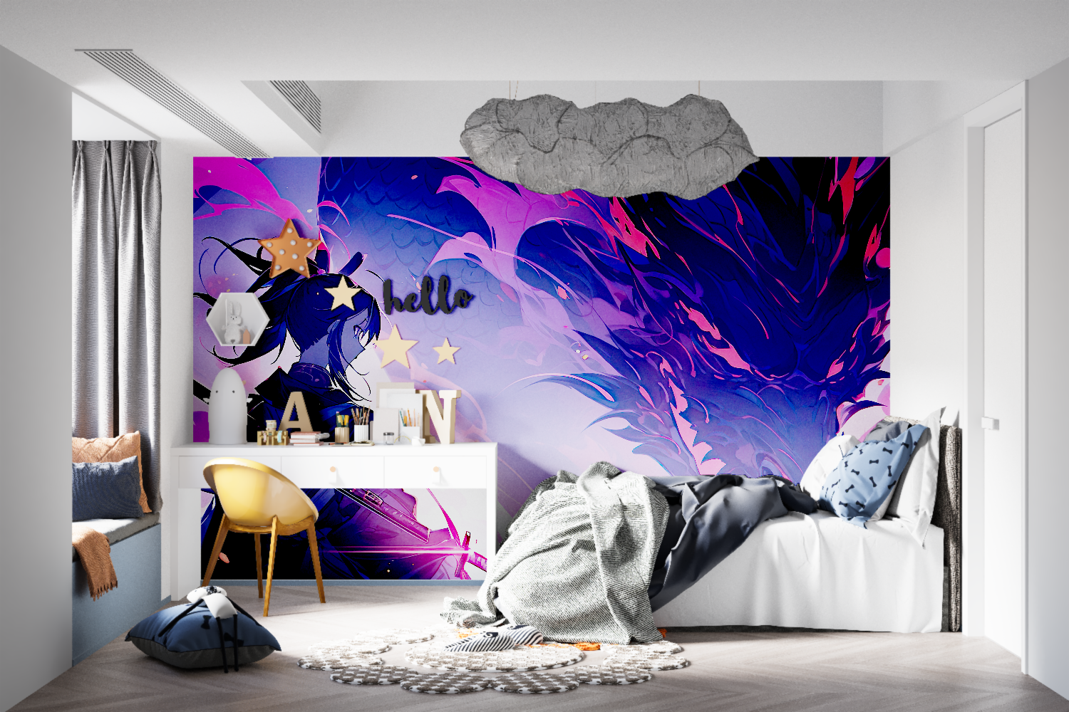 Abstract purple and blue wallpaper mural creating a modern statement wall in a minimalist living room