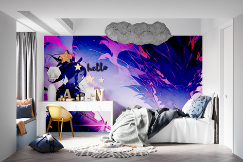 Abstract purple and blue wallpaper mural creating a modern statement wall in a minimalist living room