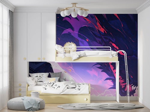 Modern abstract wall mural with purple tones making a bold statement in a home office