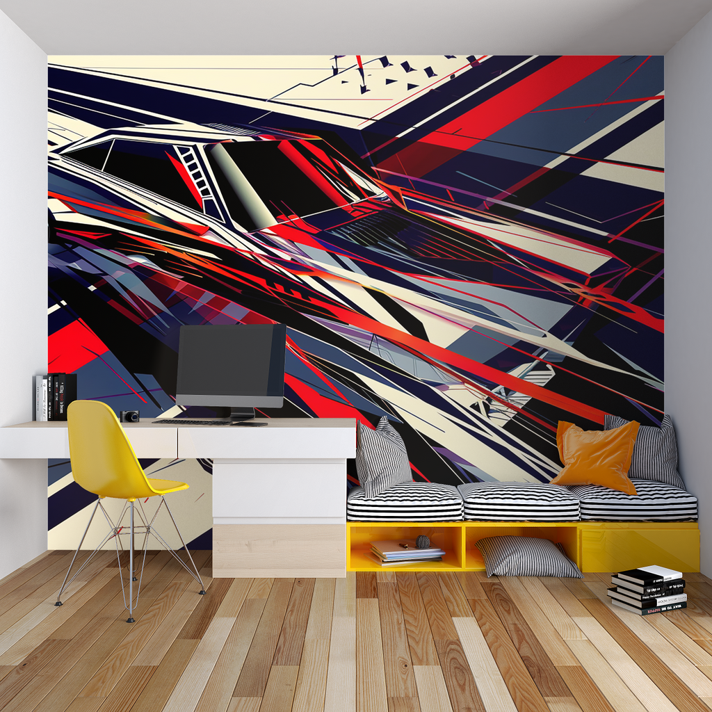 Dynamic geometric pattern wallpaper bringing energy to a modern bedroom