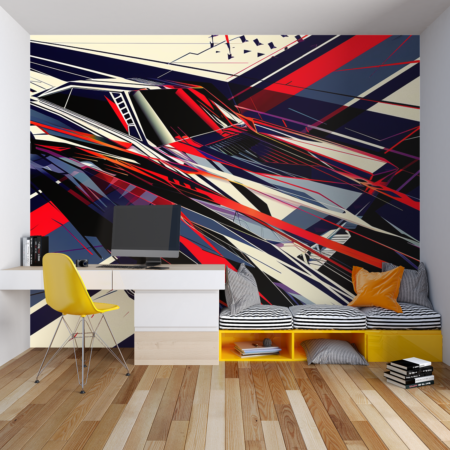 Dynamic geometric pattern wallpaper bringing energy to a modern bedroom