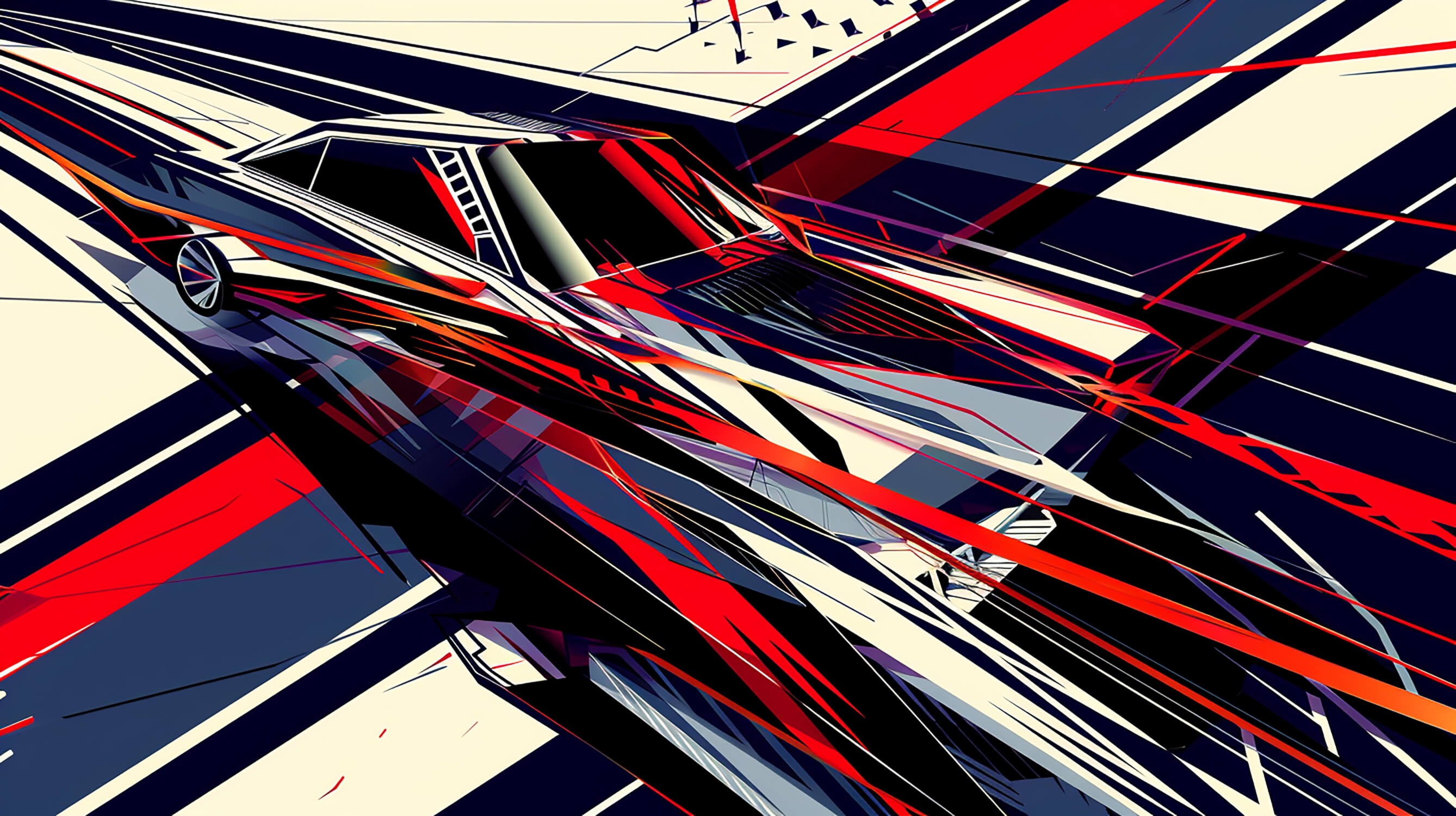 Design file showing geometric abstract pattern with sharp red and navy shapes