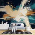 Abstract splash wallpaper in modern living room, turquoise and gold design creating dramatic focal point against white furniture