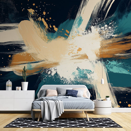 Abstract splash wallpaper in modern living room, turquoise and gold design creating dramatic focal point against white furniture