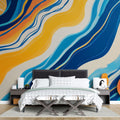 Abstract wave wallpaper making a bold statement in a modern living room, blue and orange waves creating depth and movement