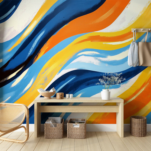 Abstract wave wallpaper with blue and orange tones shown in a modern living room setting, creating dynamic movement and energy