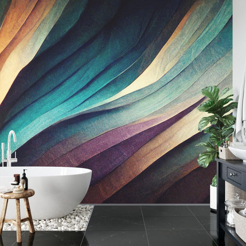 Abstract wave wallpaper in modern living room showing teal and purple flowing design