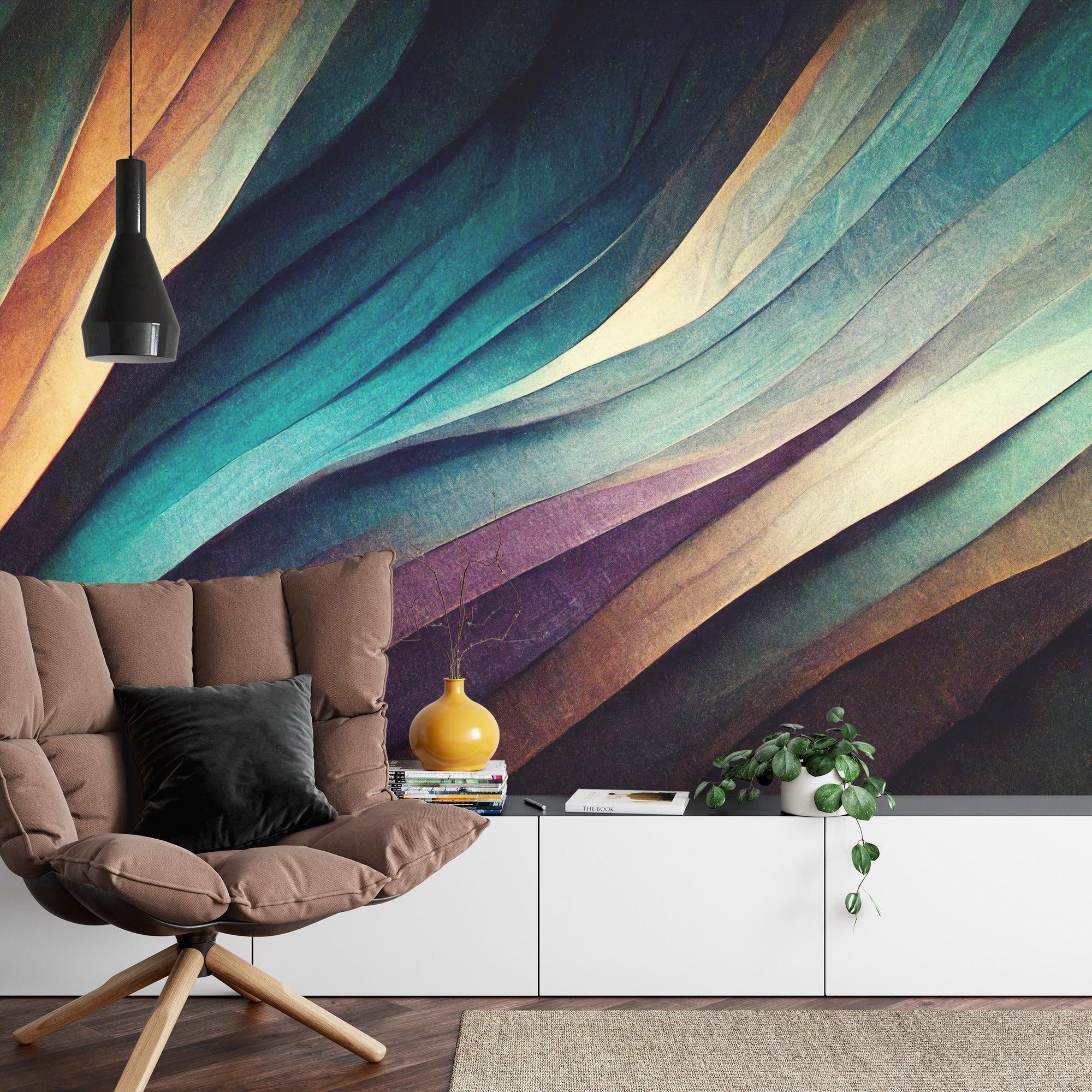 Contemporary office space featuring abstract wave wallpaper in rich teal tones