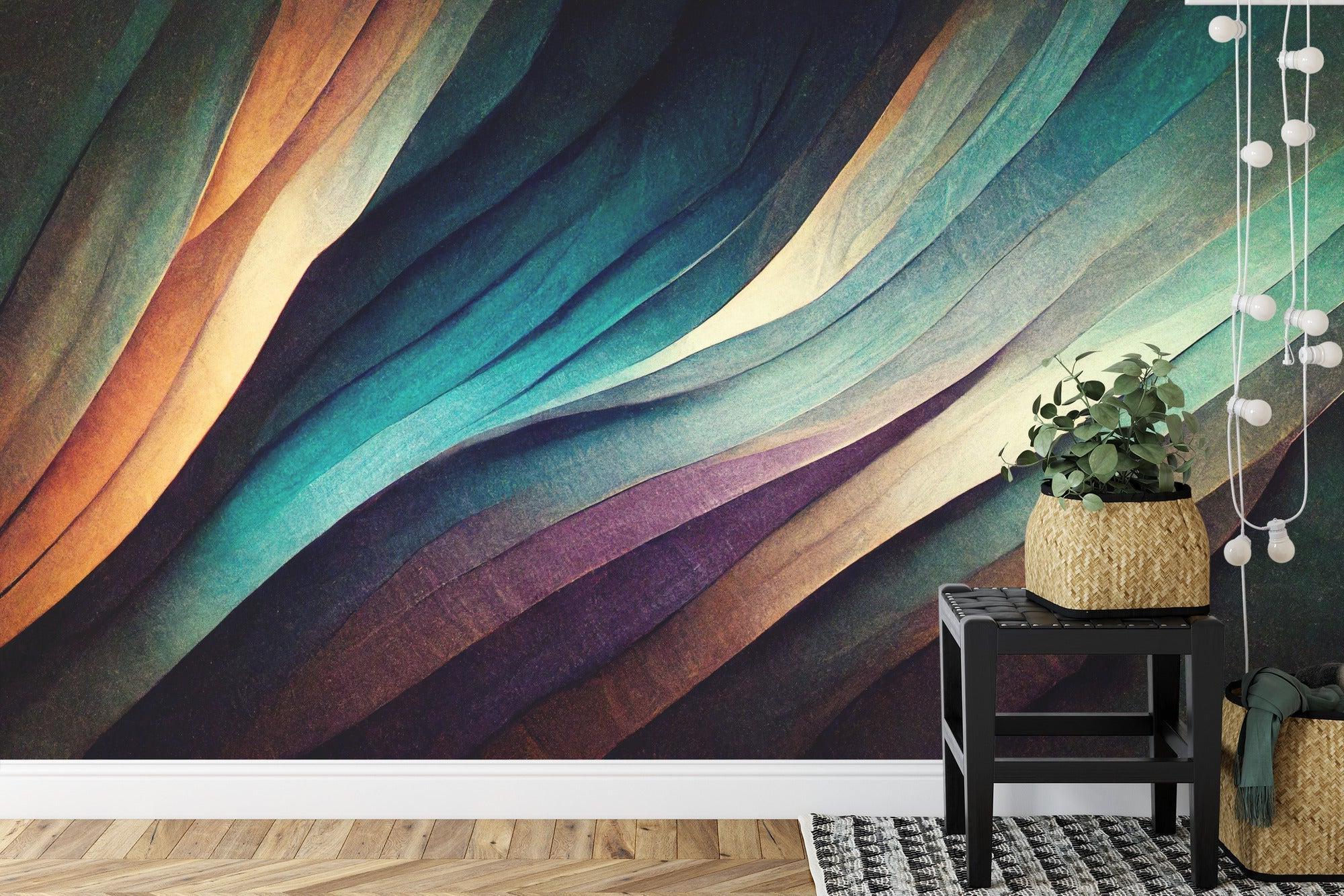 Modern dining room with purple and teal abstract wave mural