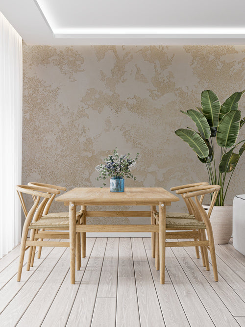 Gold abstract wall mural in master bedroom showing soft pattern movement
