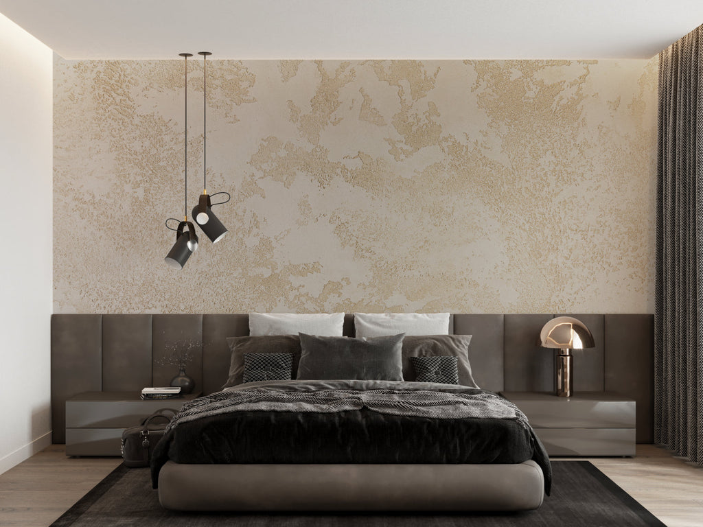 Beige abstract wallpaper in dining room with evening lighting highlighting gold details