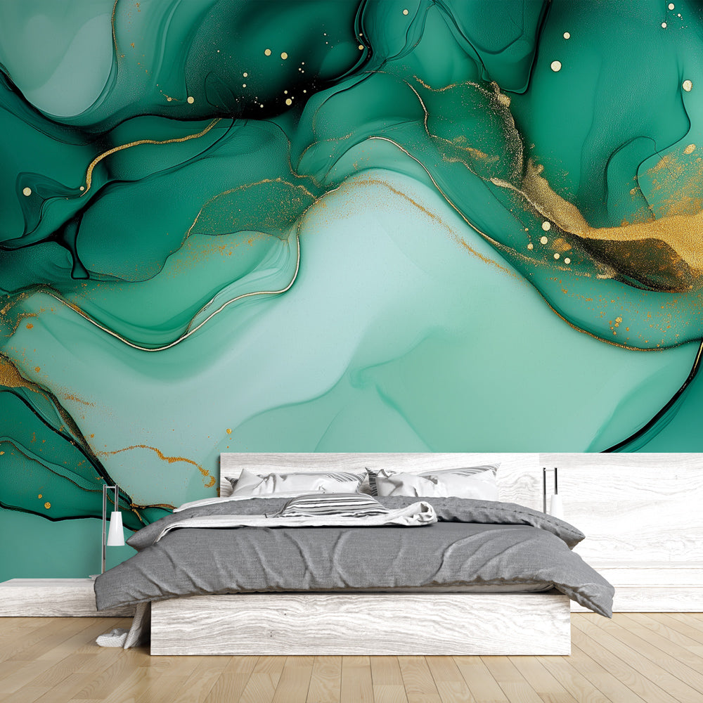 Emerald green and gold marble wallpaper creating a luxurious atmosphere in a modern living room with tall windows