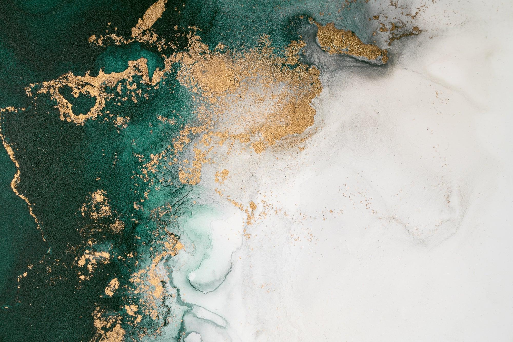 Green and gold marble effect wallpaper design file showing fluid abstract pattern detail