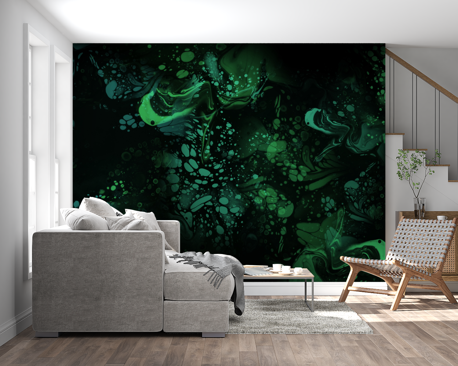 Abstract emerald marble wallpaper creating luxury feel in master bedroom