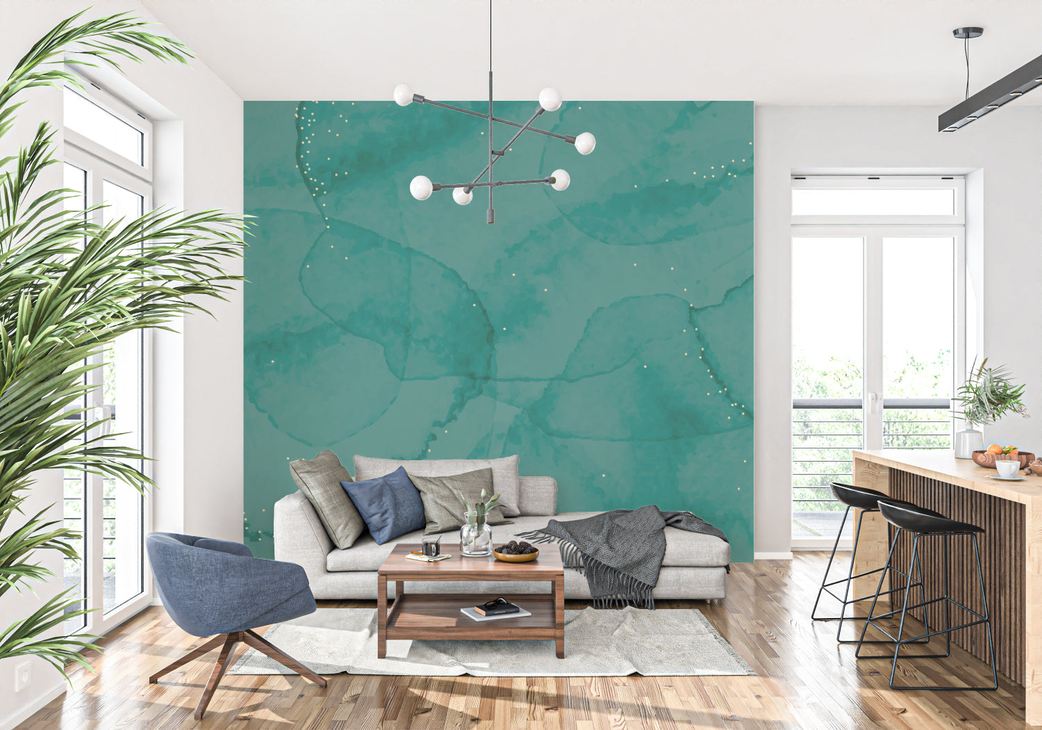 Emerald abstract wallpaper with golden details in master bedroom setting